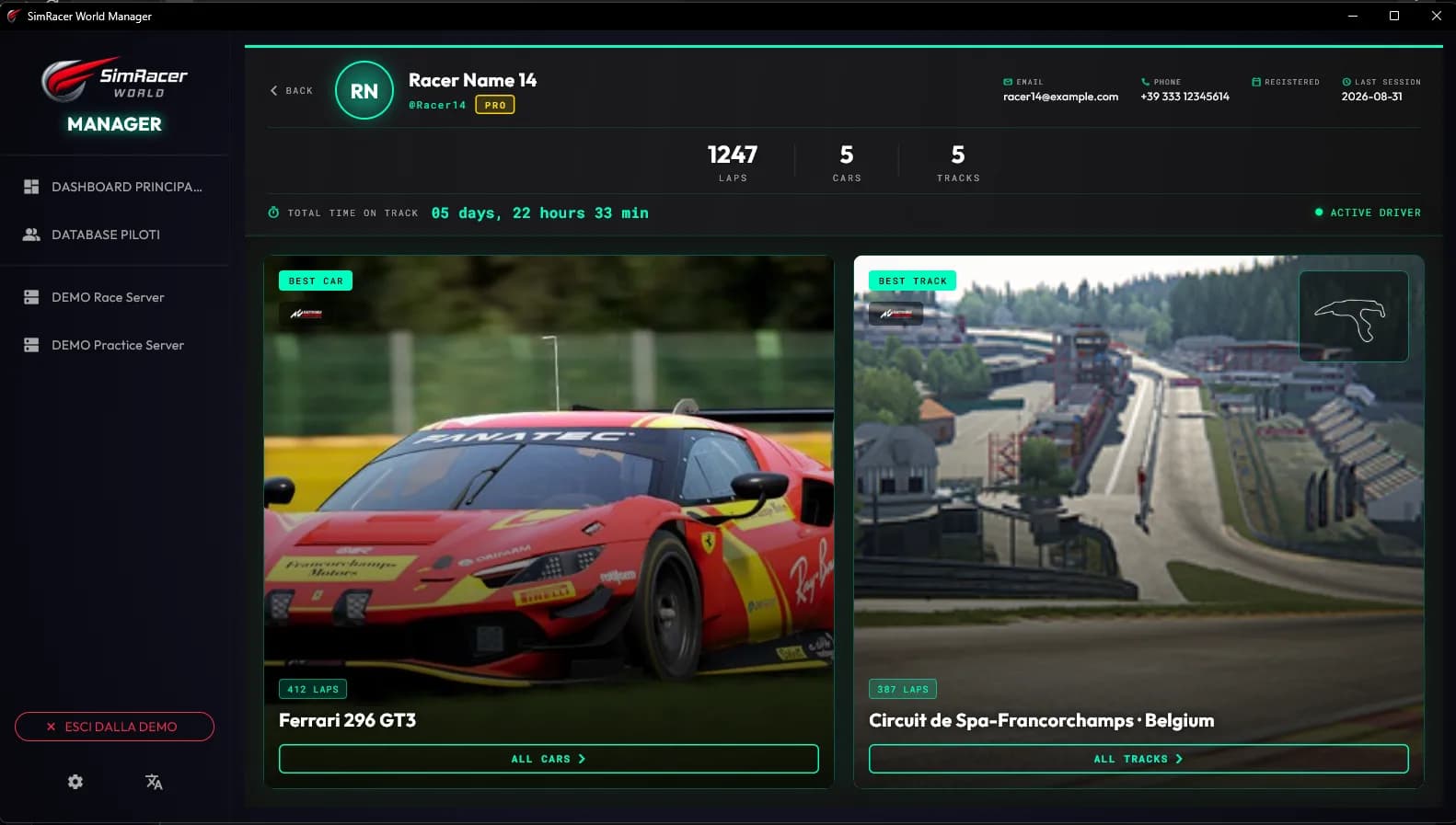 SimRacer Manager — sessione in corso, clienti e assist per postazione